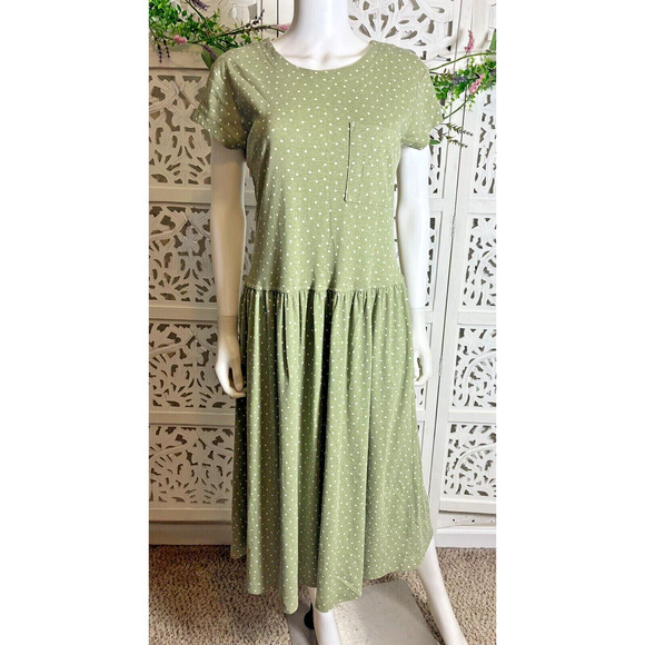 Alison J. Women’s Green Polka Dot Vintage Style Midi Casual House Dress - Picture 1 of 9